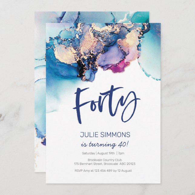 40e anniversaire Invitation Bleu Aquarelle Abstrai (Devant / Derrière)