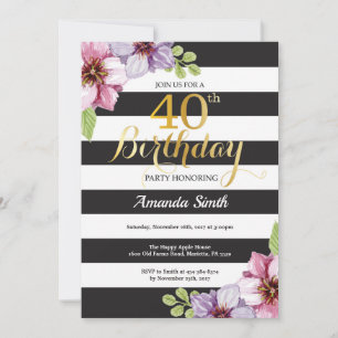 40e anniversaire Invitation Femmes. Or floral noir