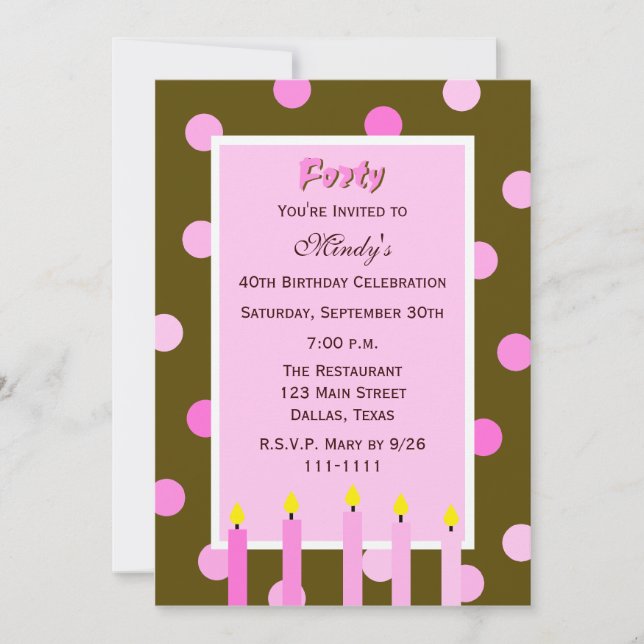 40e anniversaire Invitation fête Pois roses (Devant)