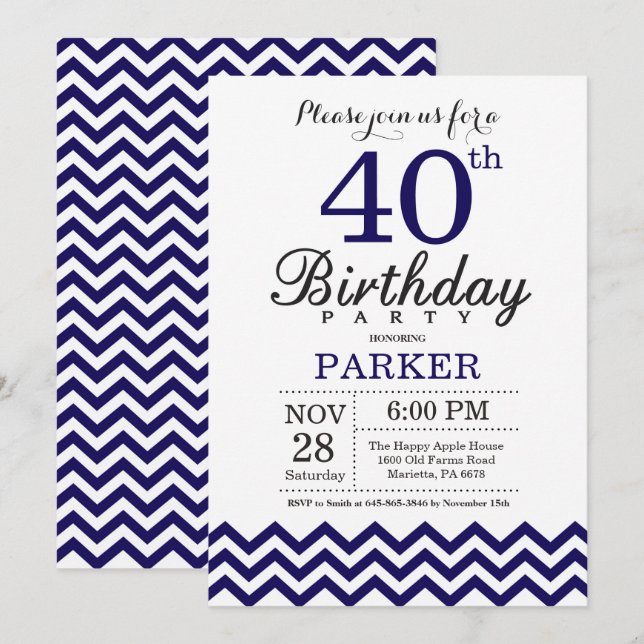 40e anniversaire Invitation Marine Blue Chevron (Devant / Derrière)