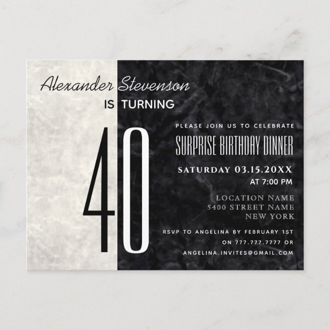 40e anniversaire Invitation noire et Marbre blanc (Devant)