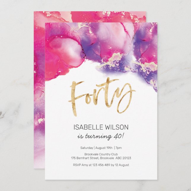 40e anniversaire Invitation rose Abstraite Aquarel (Devant / Derrière)