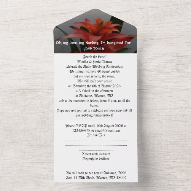 40e anniversaire mariage invitation ruby rain mot (À l'intérieur)