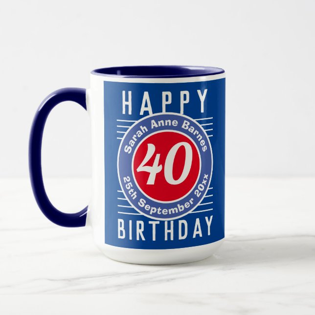 40e Anniversaire Mug avec âge, nom et date (Gauche)