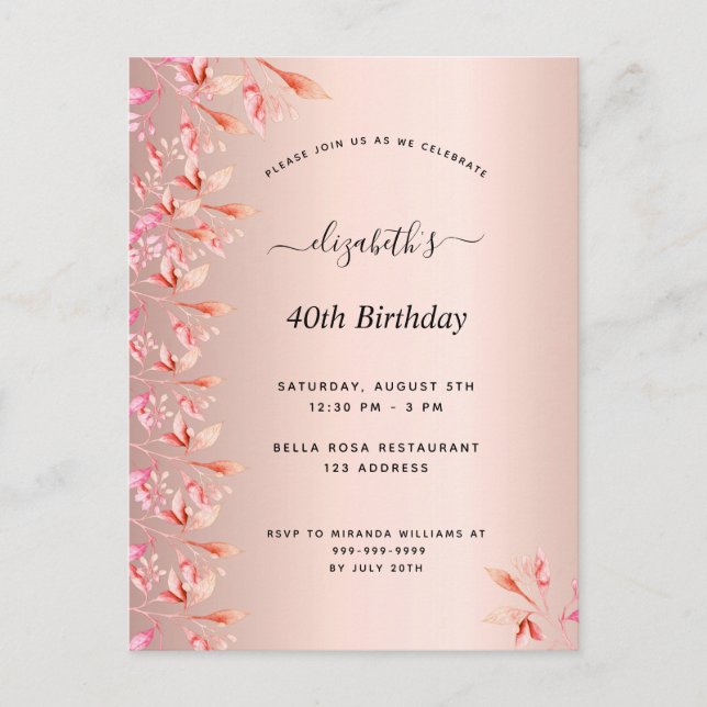 40e anniversaire rose or rose invitation florale (Devant)