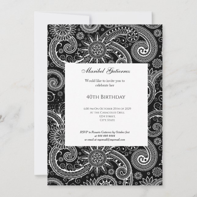 40e Black White Paisley Invitation d'anniversaire (Devant)