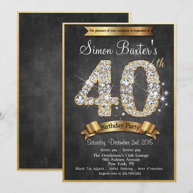 40e Gold Diamond Chalkboard Invitation Anniversair (Devant / Derrière)