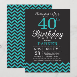 40e Invitation d'anniversaire Noir et Turquoise