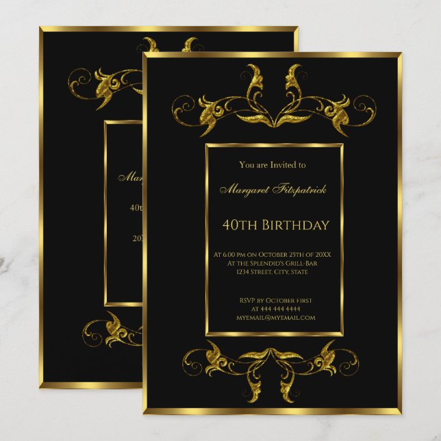 40e invitation de fête d'anniversaire Black Gold (Devant / Derrière)