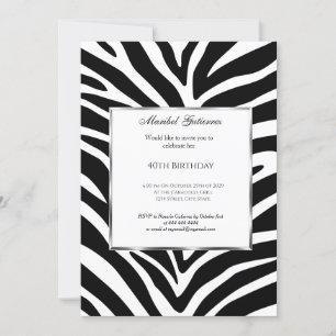 40e Zèbre noir blanc Invitation d'anniversaire