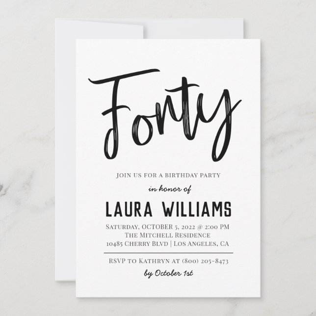 40ème Script Word Invitation d'anniversaire (Devant)