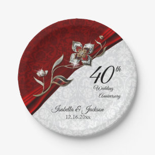 40th, 52nd or 80th Ruby Floral Anniversary Paper Plate