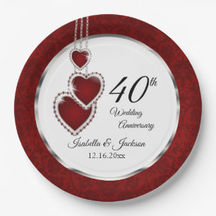 40th, 52nd or 80th Ruby Wedding Anniversary Paper Plate