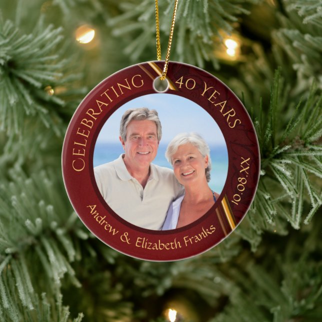 40th Anniversary, 2-Sided, 2-Photo, Ruby & Gold Ceramic Ornament (Tree)