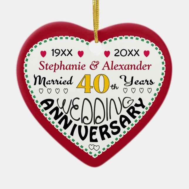 40th Anniversary gift heart shaped Christmas Ceramic Ornament (Front)
