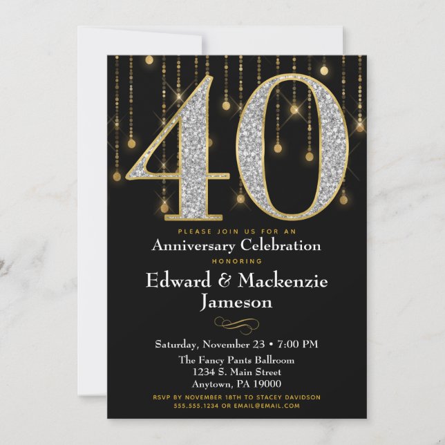 40th Anniversary Invitation Black Gold Diamonds (Front)