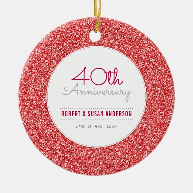 40th Anniversary Keepsake Faux Red Glitter Ceramic Ornament (Front)