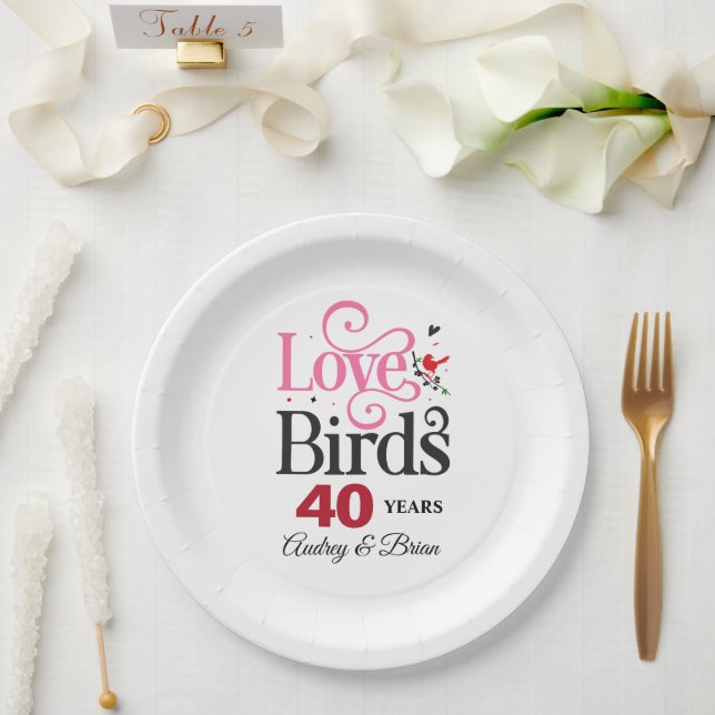 40th Anniversary Love Birds Personalized Paper Plate (Wedding)