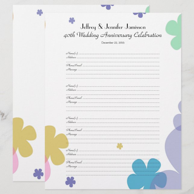 40th Anniversary Party Guest Book Sign-In Page (Front/Back)