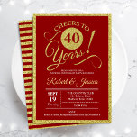 40th Anniversary Party - Ruby Red Gold Invitation<br><div class="desc">Ruby red 40th wedding anniversary party invitation in red and faux glitter gold. Printed invite card featuring elegant typography script font and stripes on the back. Cheers to 40 years! Can be customized to any year of anniversary. Perfect for a stylish 40th anniversary celebration.</div>