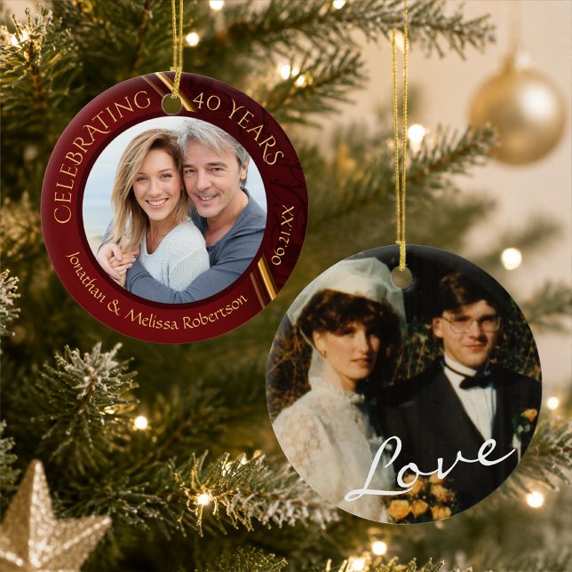 40th Anniversary Photo, Ruby Red and Gold Custom Ceramic Ornament (Creator Uploaded)