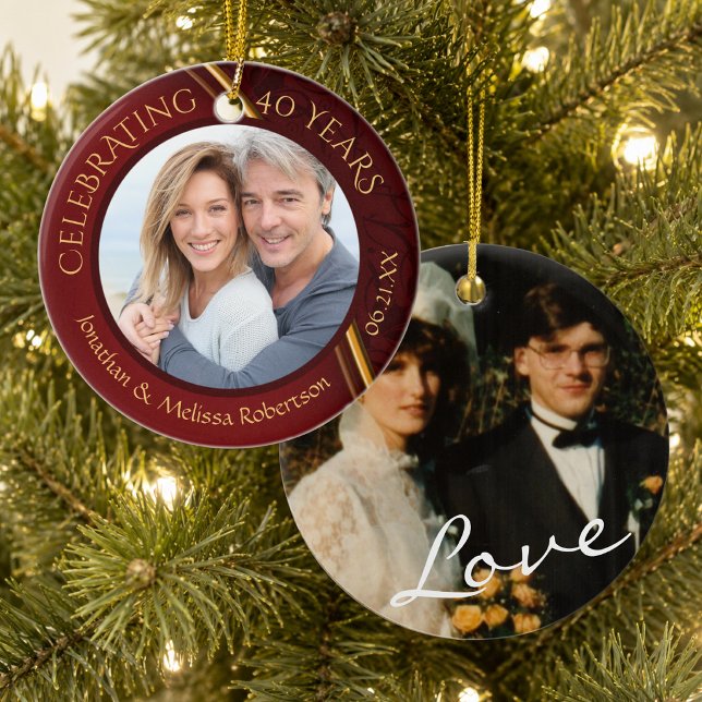 40th Anniversary Photo, Ruby Red and Gold Custom Ceramic Ornament (Creator Uploaded)