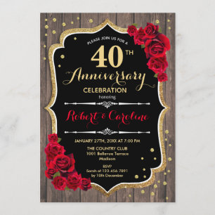 40th Anniversary - Red Gold Wood Invitation