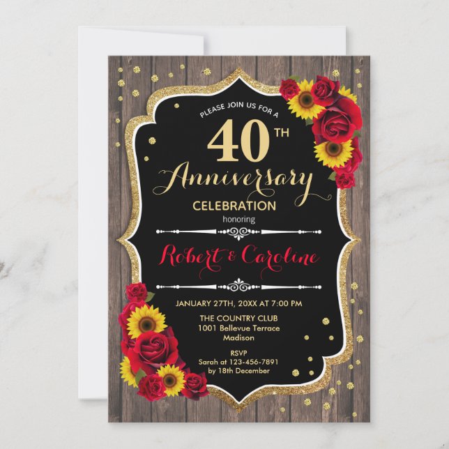 40th Anniversary - Red Roses Sunflowers Wood Invitation (Front)