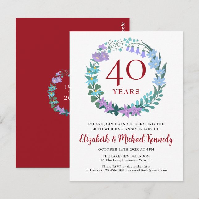 40th Anniversary Ruby Bluebells Wreath Invitation Postcard (Front/Back)