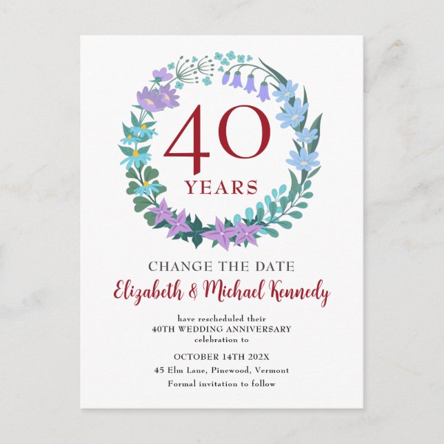 40th Anniversary Ruby Floral Bluebells Change Date Postcard (Front)