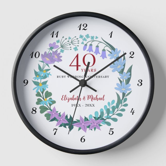 40th Anniversary Ruby Floral Bluebells Wreath Clock (Front)