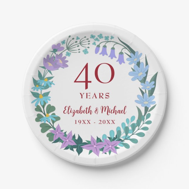 40th Anniversary Ruby Floral Bluebells Wreath Paper Plate (Front)