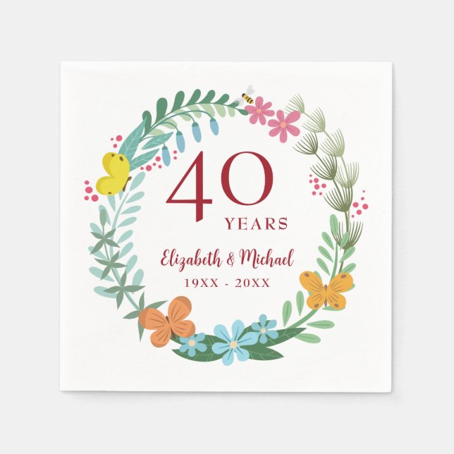 40th Anniversary Ruby Floral Butterfly Wreath Napkin (Front)