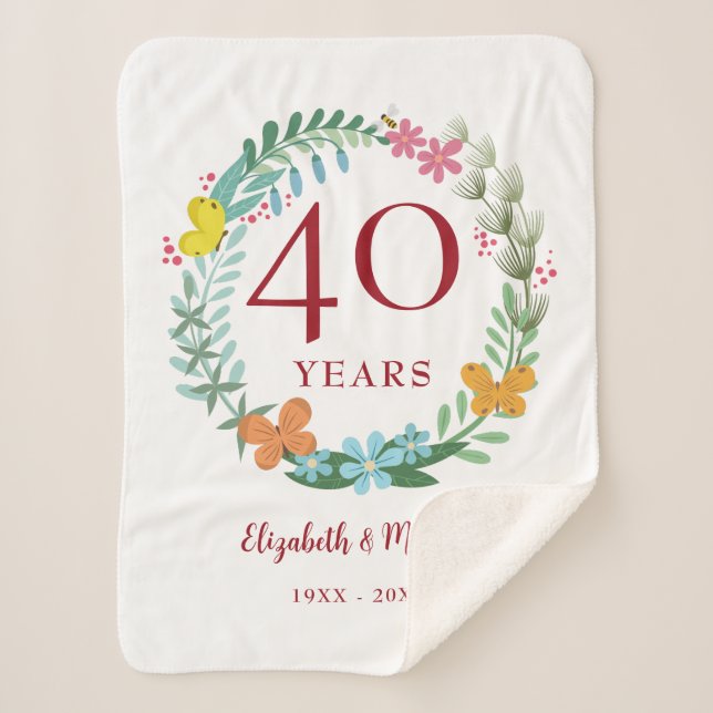40th Anniversary Ruby Floral Butterfly Wreath Sherpa Blanket (Front)
