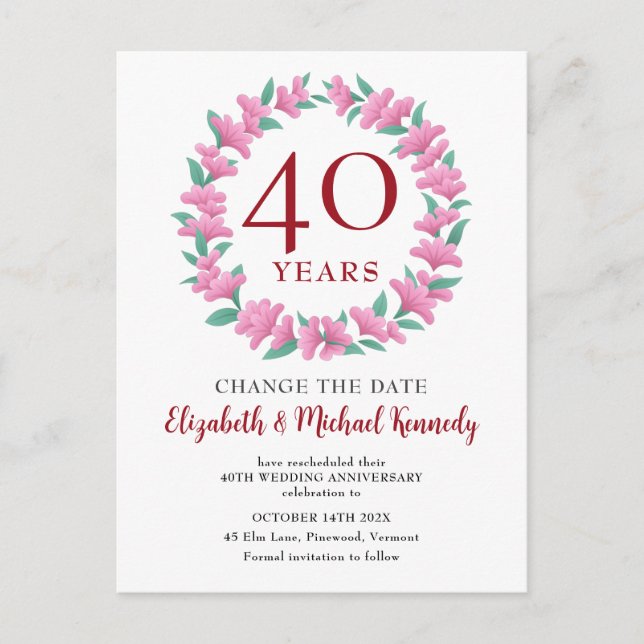 40th Anniversary Ruby Floral Pink Change Date Postcard (Front)