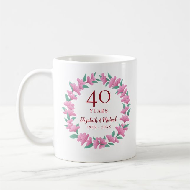 40th Anniversary Ruby Floral Pink Flower Wreath Coffee Mug (Left)