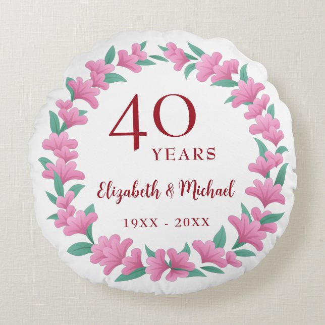 40th Anniversary Ruby Floral Pink Green Wreath Round Pillow (Front)