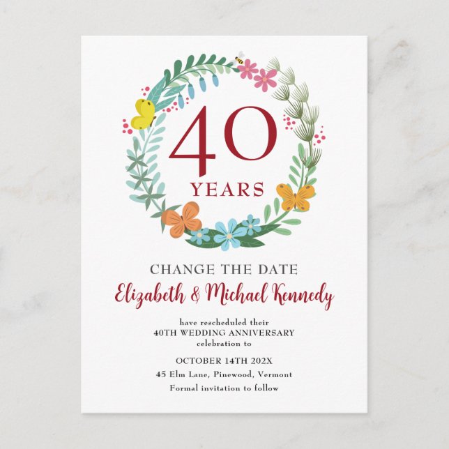 40th Anniversary Ruby Floral Wreath Change Date Postcard (Front)