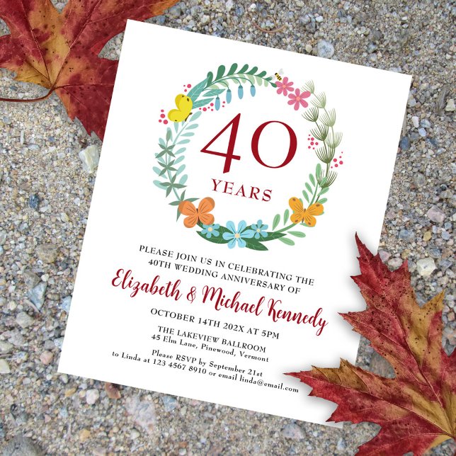 40th Anniversary Ruby Floral Wreath Invitation (Creator Uploaded)
