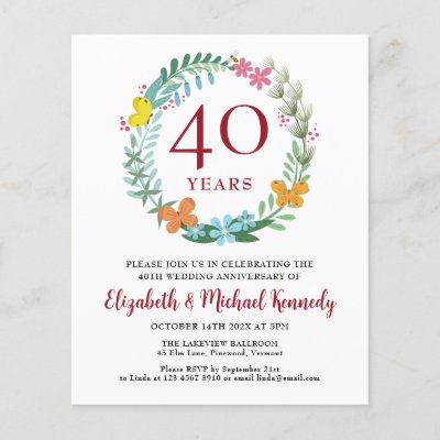 40th Anniversary Ruby Floral Wreath Invitation
