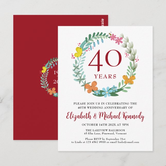 40th Anniversary Ruby Floral Wreath Invitation Postcard (Front/Back)
