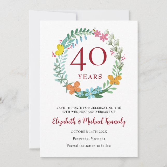 40th Anniversary Ruby Floral Wreath Save The Date (Front)