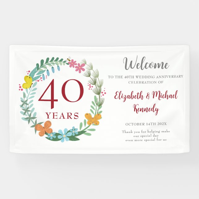 40th Anniversary Ruby Floral Wreath Wedding Banner (Horizontal)