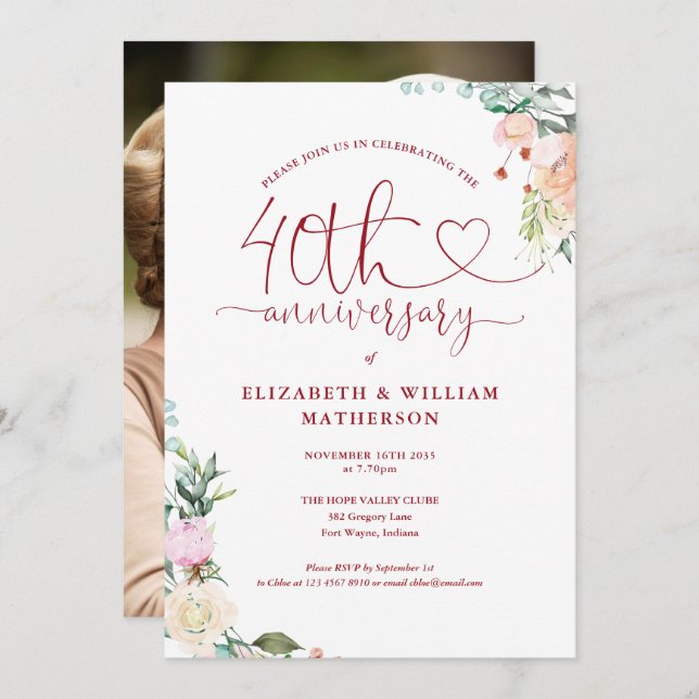 40th Anniversary Ruby Heart Floral Photo Invitation (Front/Back)