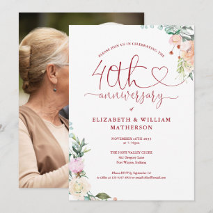 40th Anniversary Ruby Heart Floral Photo Invitation