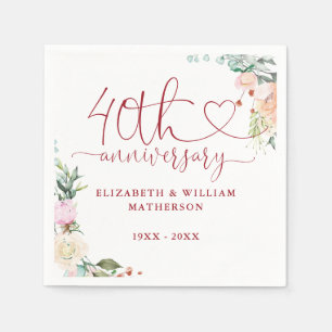 40th Anniversary Ruby Heart Roses Floral Napkin