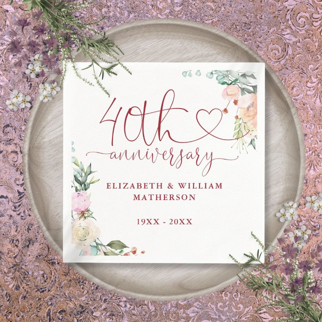 40th Anniversary Ruby Heart Roses Floral Napkin (40th Anniversary Ruby Heart Roses Floral Napkins)
