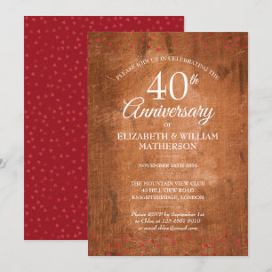 40th Anniversary Ruby Hearts Rustic Vintage Wood Invitation