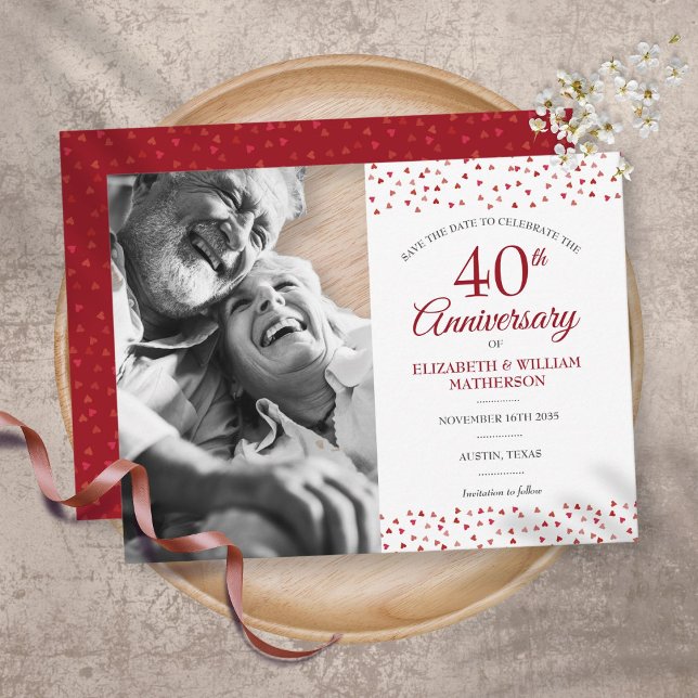 40th Anniversary Ruby Hearts Save the Date Photo  Announcement Postcard (Creator Uploaded)