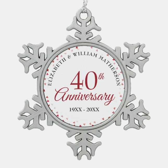 40th Anniversary Ruby Hearts Snowflake Pewter Christmas Ornament (Front)